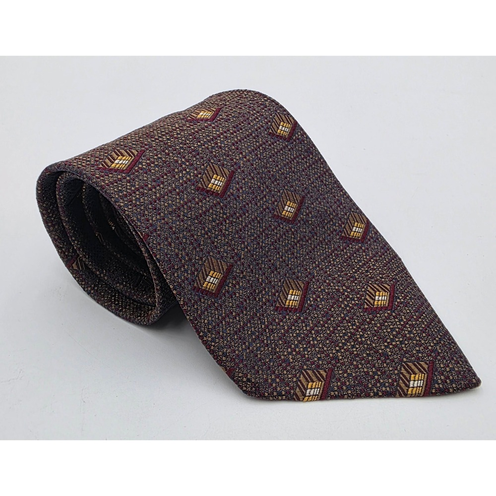 Ermenegildo Zegna Mens Silk Tie Burgundy Navy Geometric Square Made in Italy